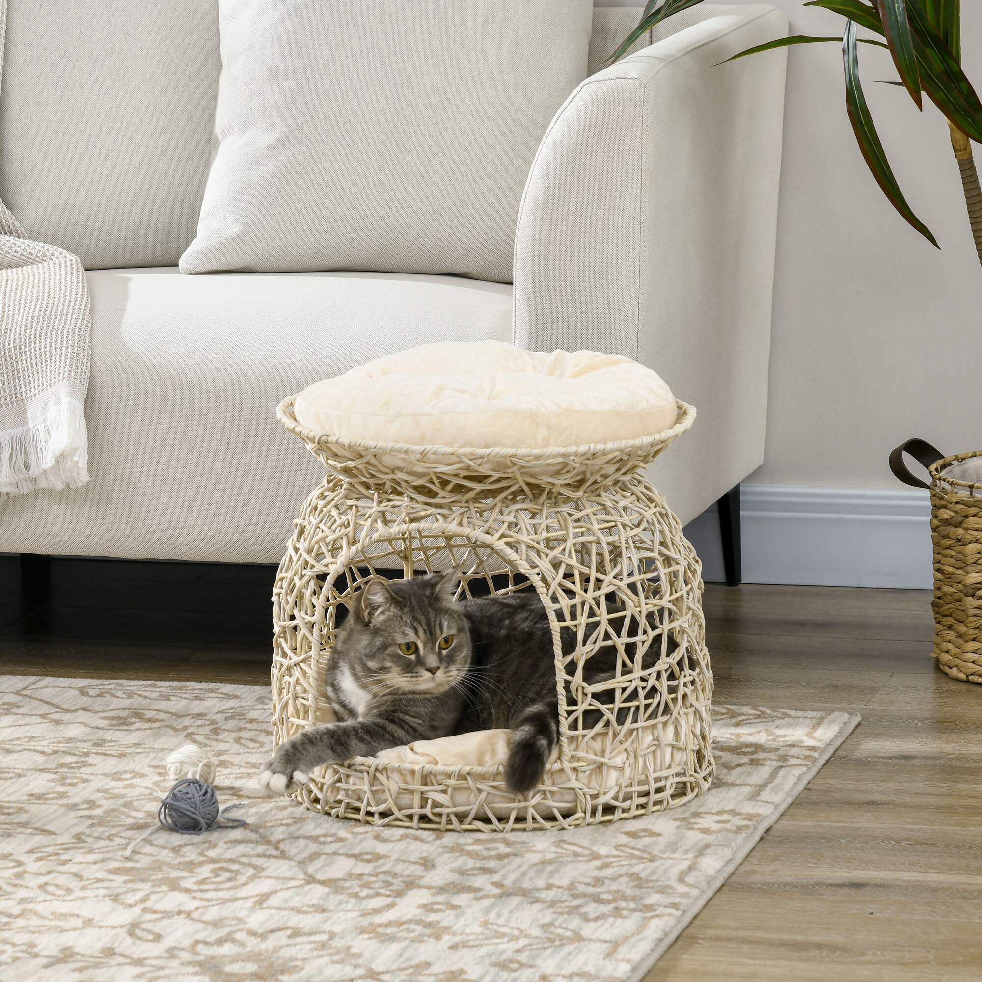 PawHut Rattan Katzenkorb mit Kissen beige 42L x 42B x 40H cm