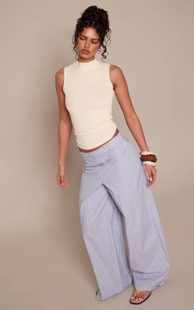 Bleu Pantalon Droit À Rayures Avec Taille Pliée Et Lien À Nouer