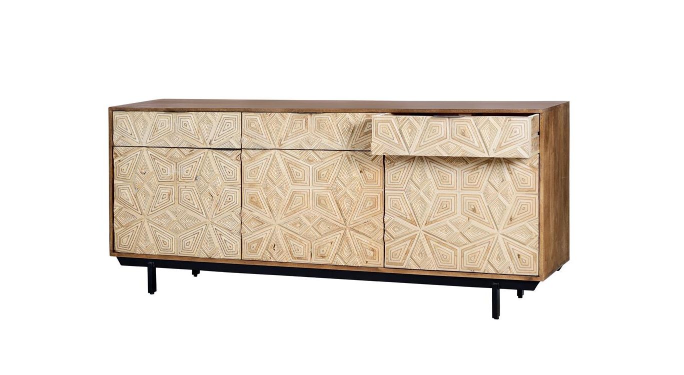 Bahut 3 tiroirs bois, métal marron 183x42x80cm - bois-métal