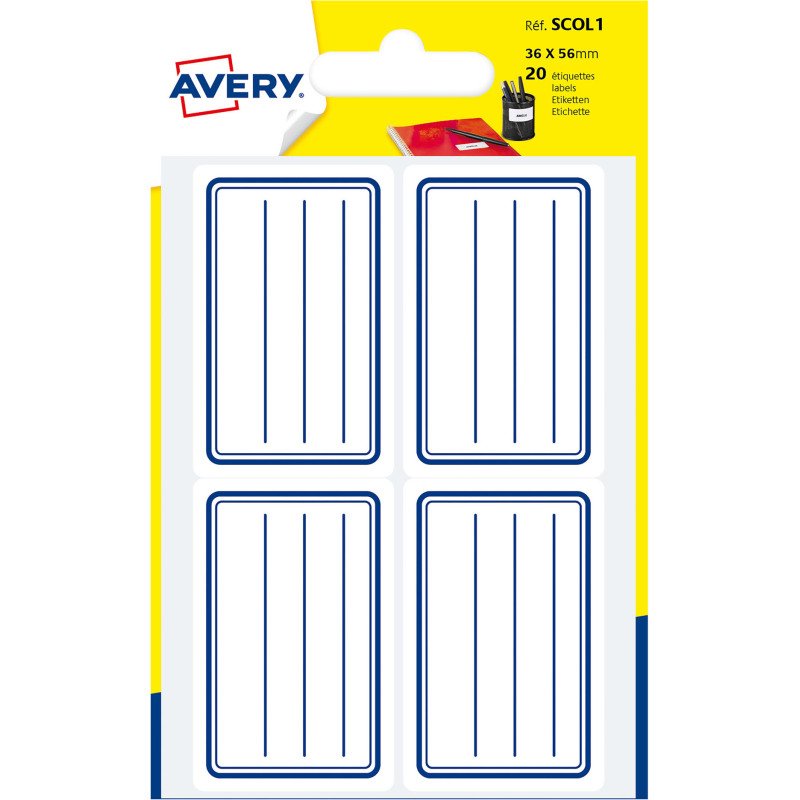 Etiquette adhésive scolaire 36 x 56 mm Scol1 Avery - Blanc lignes bleues - Pochette de 20
