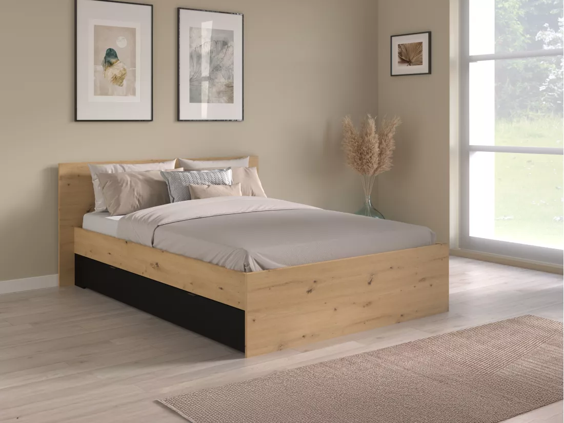 Lit avec 2 tiroirs 140 x 190/200 cm - Coloris : Naturel et noir + Sommier - VARLY