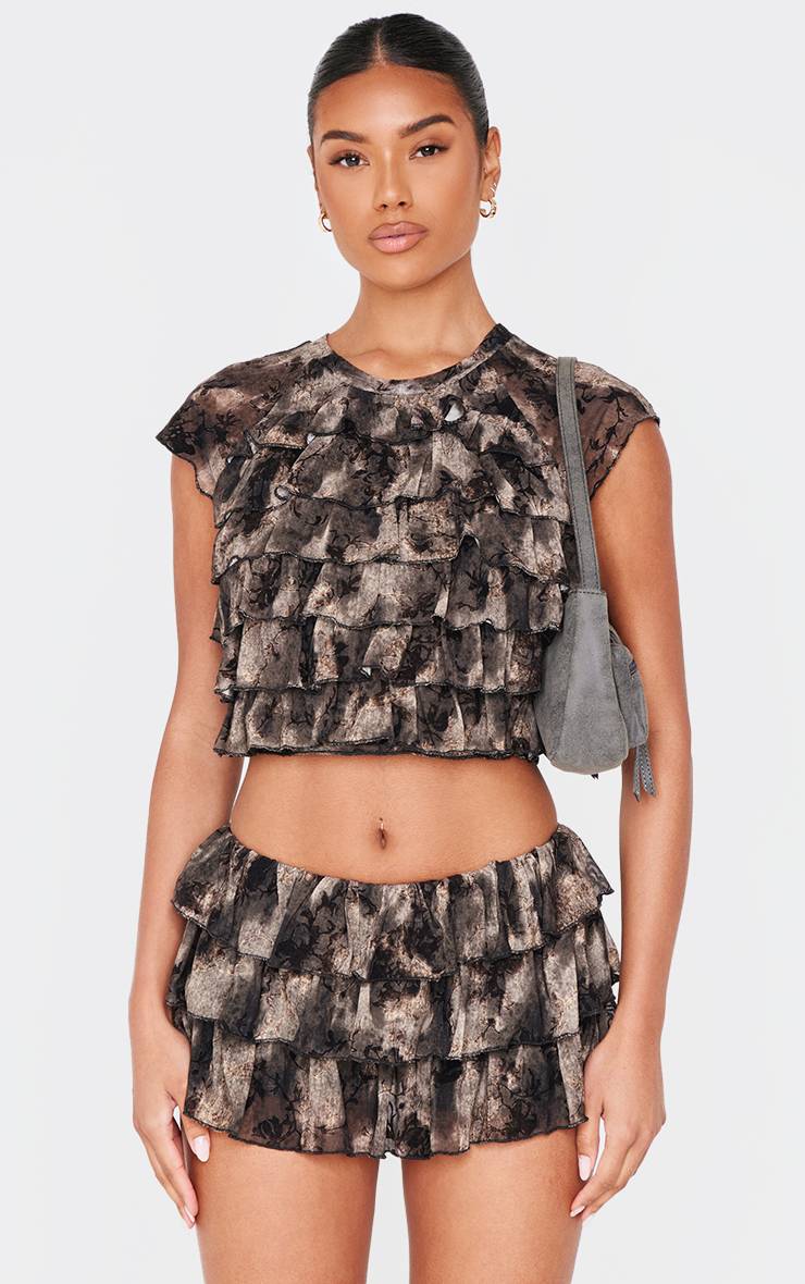 Charcoal Grey Ensemble Haut À Volants En Mesh Dévoré