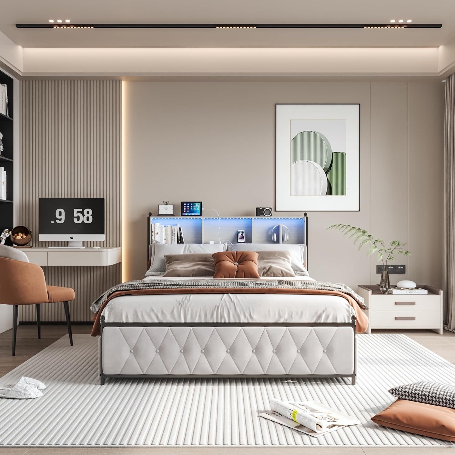 PerGar Polsterbett 140x200cm mit Stauraum, Doppelbett mit 4 Schubladen, Jugendbett mit LED Stauraum Kopfteil, Stauraumbetten, Bettgestell mit Lattenrost, Samt, Ohne Matratze, Beige