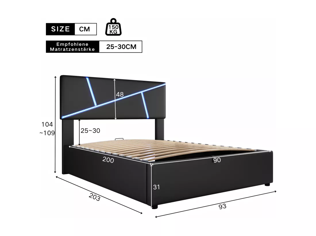 Lit coffre 90x200cm, cuir synthétique, avec bandes de lumière LED, cadre à lattes, Noir