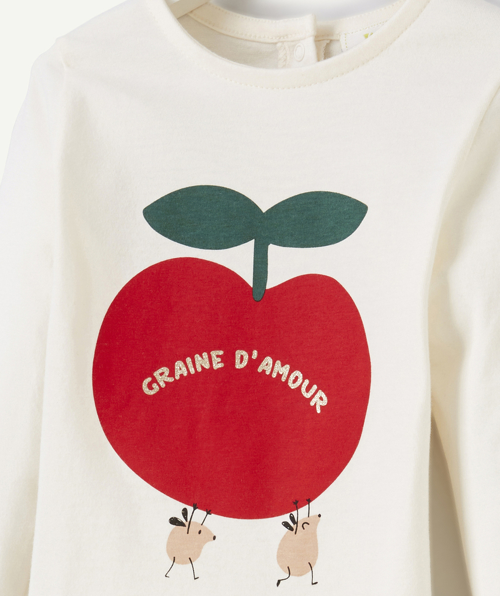 T-SHIRT MANCHES LONGUES BÉBÉ FILLE EN COTON BIO ÉCRU THÈME POMME
