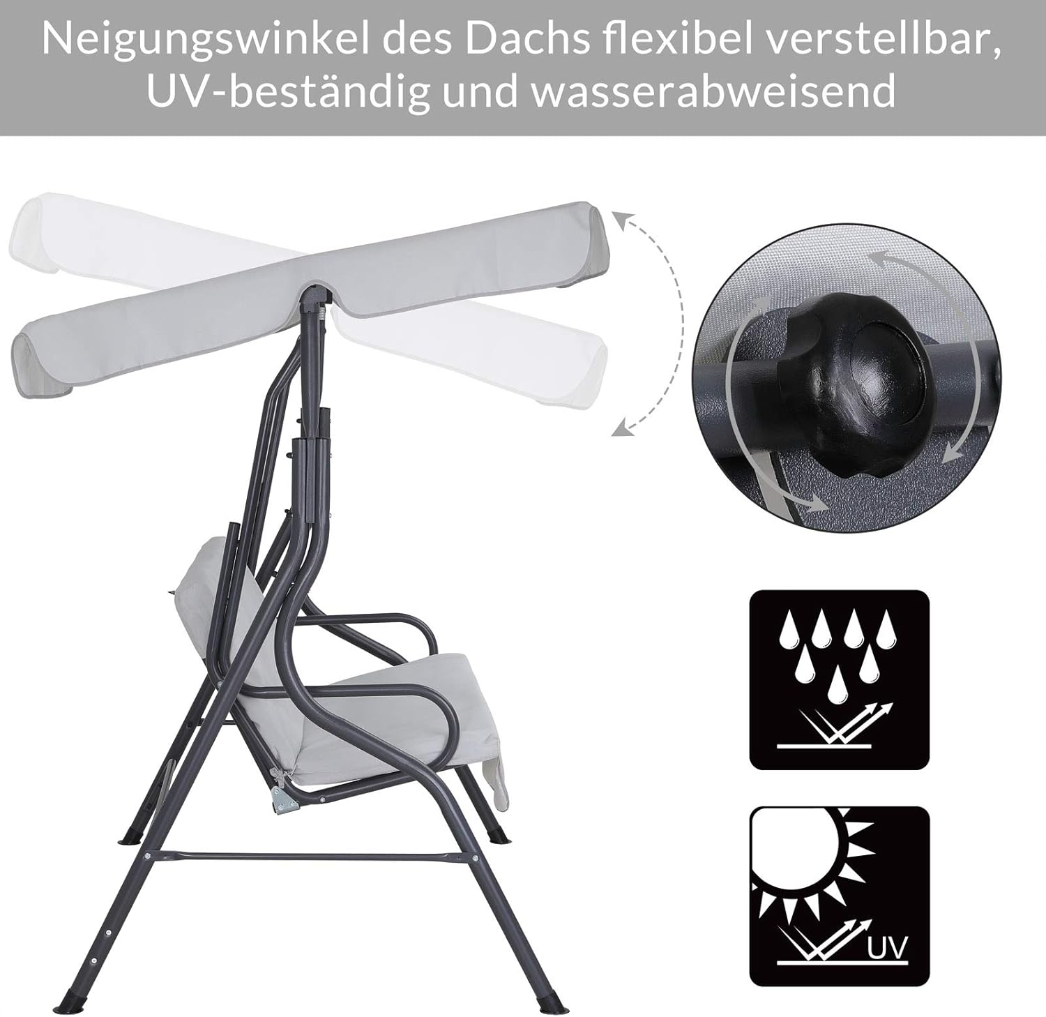 Casaria® Hollywoodschaukel 2 Sitzer Wetterfest Balkon 200kg Belastbar Gartenschaukel mit Dach Hellgrau Anti-Rutsch-Füße Garten Terrasse Schaukel 140cm Rückenlehne