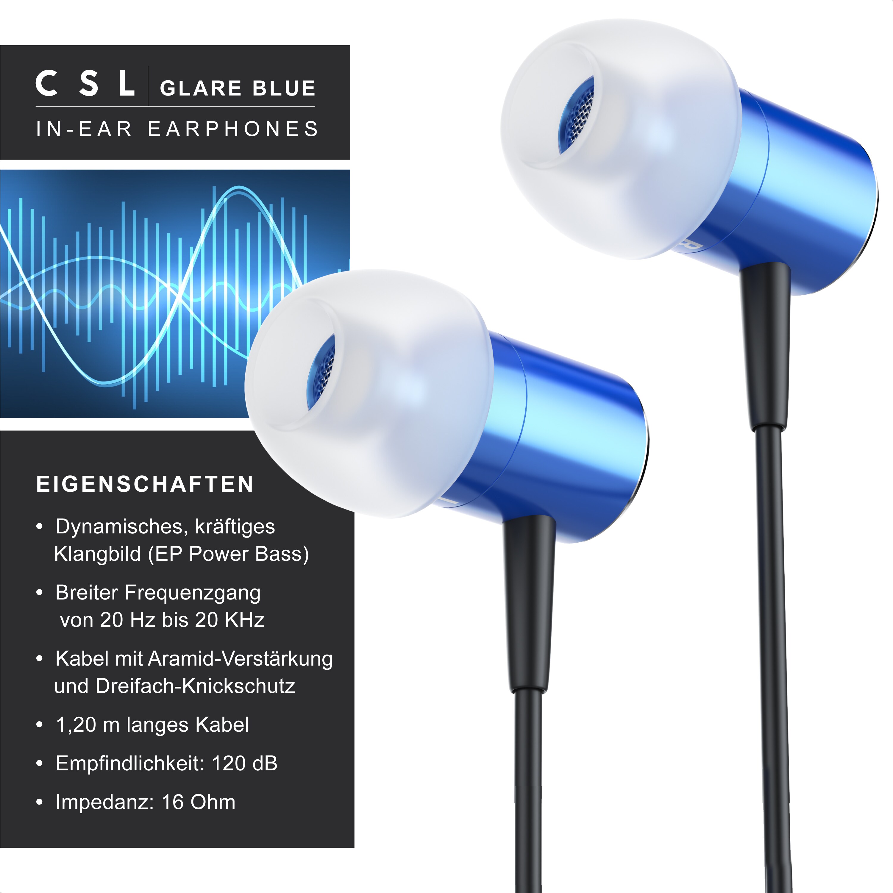 CSL High End In-Ear Kopfhörer Glare Blue Dynamischer 8mm Treiber / Noise Reduction Design