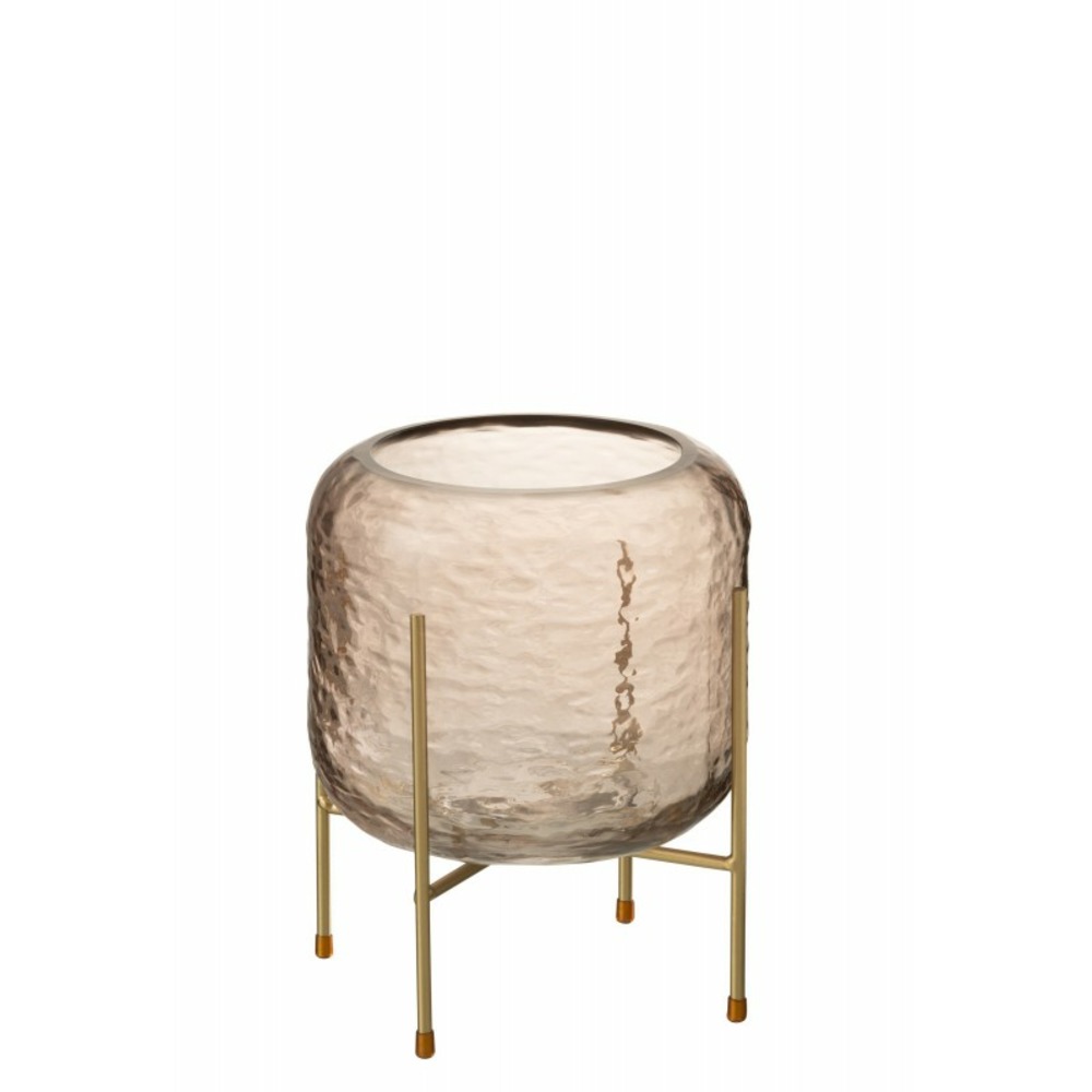 Vase rond en verre marron sur pied en métal doré 18x23cm