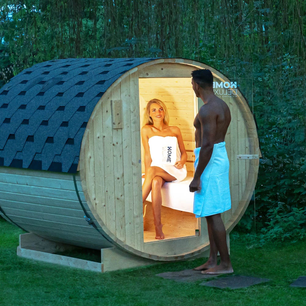 Home Deluxe - Buitenbarrelsauna LAHTI XL - Afmetingen: BxDxH: ca. 195 cm x 192 cm x 220 cm, Houtsoort: Vurenhout - incl. saunakachel en saunatoebehoren | Tuinsauna, buitensauna, barrelsauna voor 6 personen