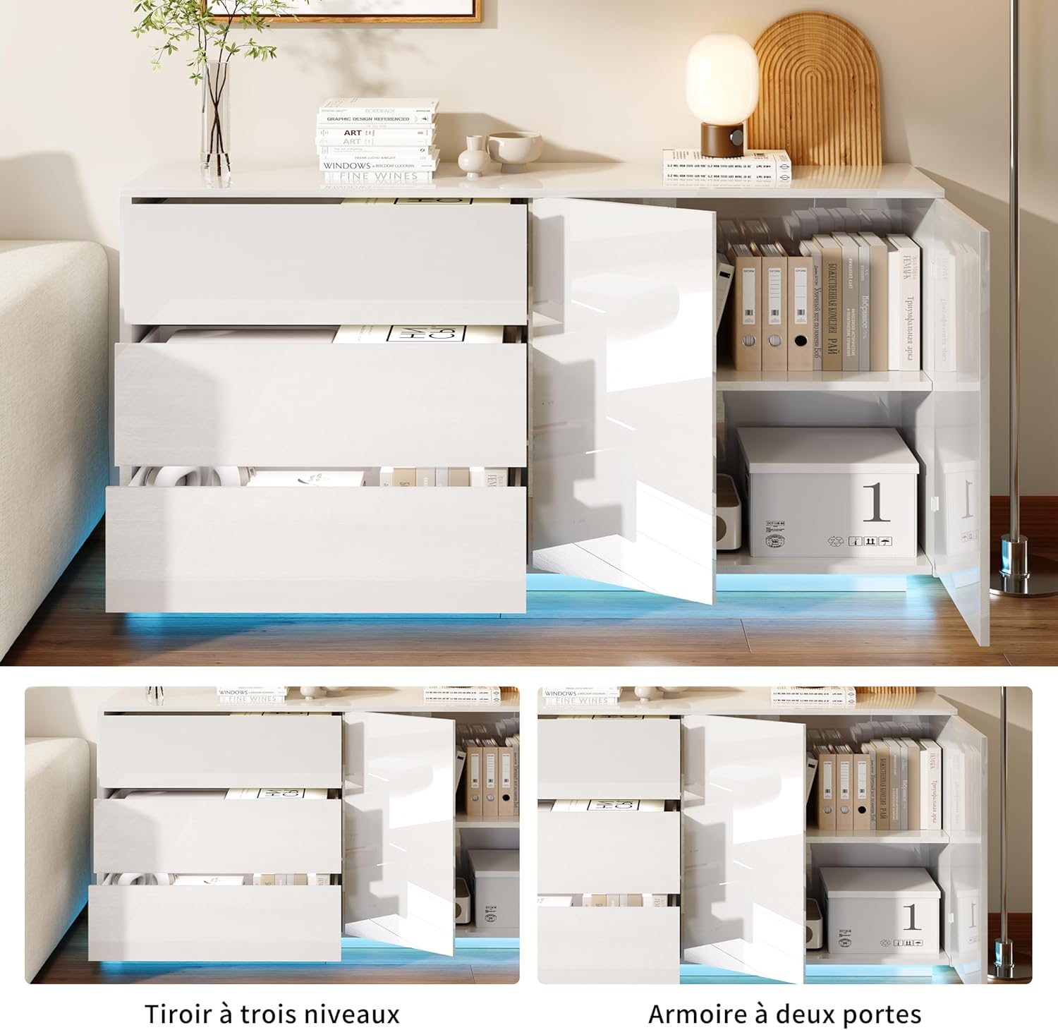 Sideboard für Wohnzimmer, weiß, glänzend, mit LED-Beleuchtung, Küchenmöbel mit 2 Türen und 3 Schubladen, TV-Schrank modern, für Wohnzimmer & Esszimmer & Küche (weiß, 160 x 35 x 76 cm)