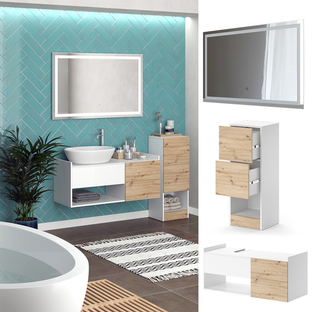 Vicco Badmöbel-Set Alf, Weiß Artisan Eiche, Badezimmer, moderne Badserie, Waschtischunterschrank, LED-Spiegel, Midischrank