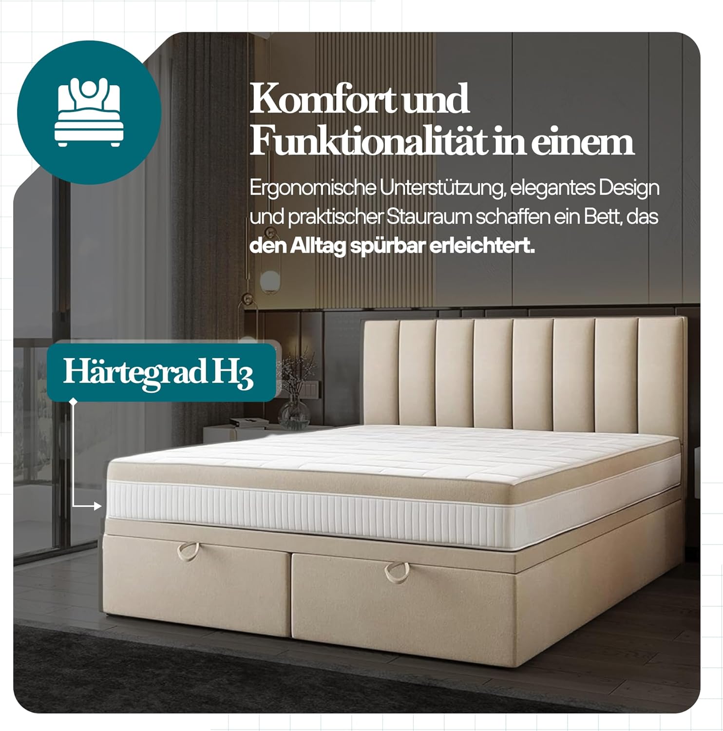 TRADA Boxspringbett Bond - Bett mit Matratze und Bettkasten - Boxspringbett mit gestepptes Kopfteil - Double Bed fur Schlafzimmer - Schwarz - 160 x 200 cm