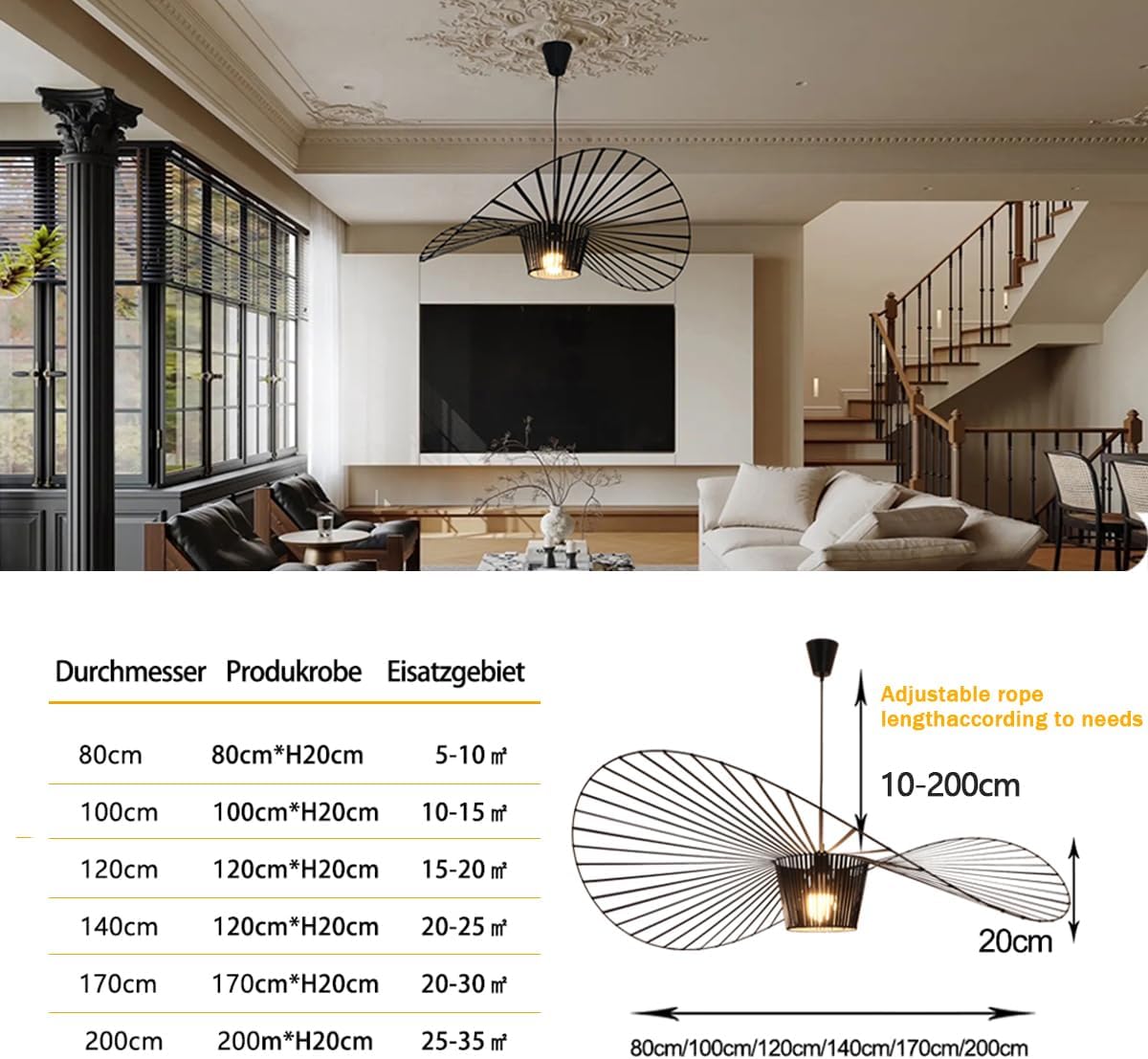 Vertigo Lampe Schwarz 200CM Modern Vintage Pendelleuchte Hängend Hängelampe Geeignet FüR Esstisch Wohnzimmer Schlafzimmer Hängeleuchte, Max 40W