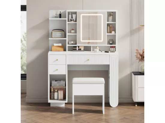 Coiffeuse avec miroir 100×40×138 cm - avec tabouret - avec éclairage LED - avec luminosité réglable - avec 3 tiroirs - avec étagères ouvertes - blanc