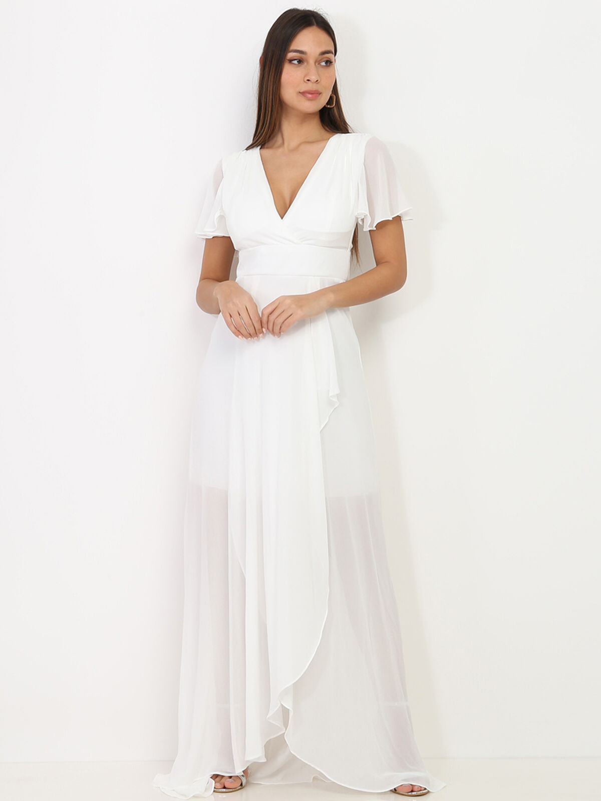 Robe portefeuille à manches papillons- Blanc