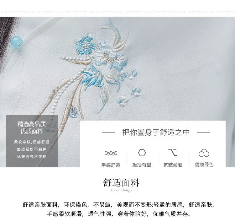 Fioridi - Hanfu-top met lange mouwen, geborduurd bloemenmotief en knopen / A-lijn rok met hoge taille