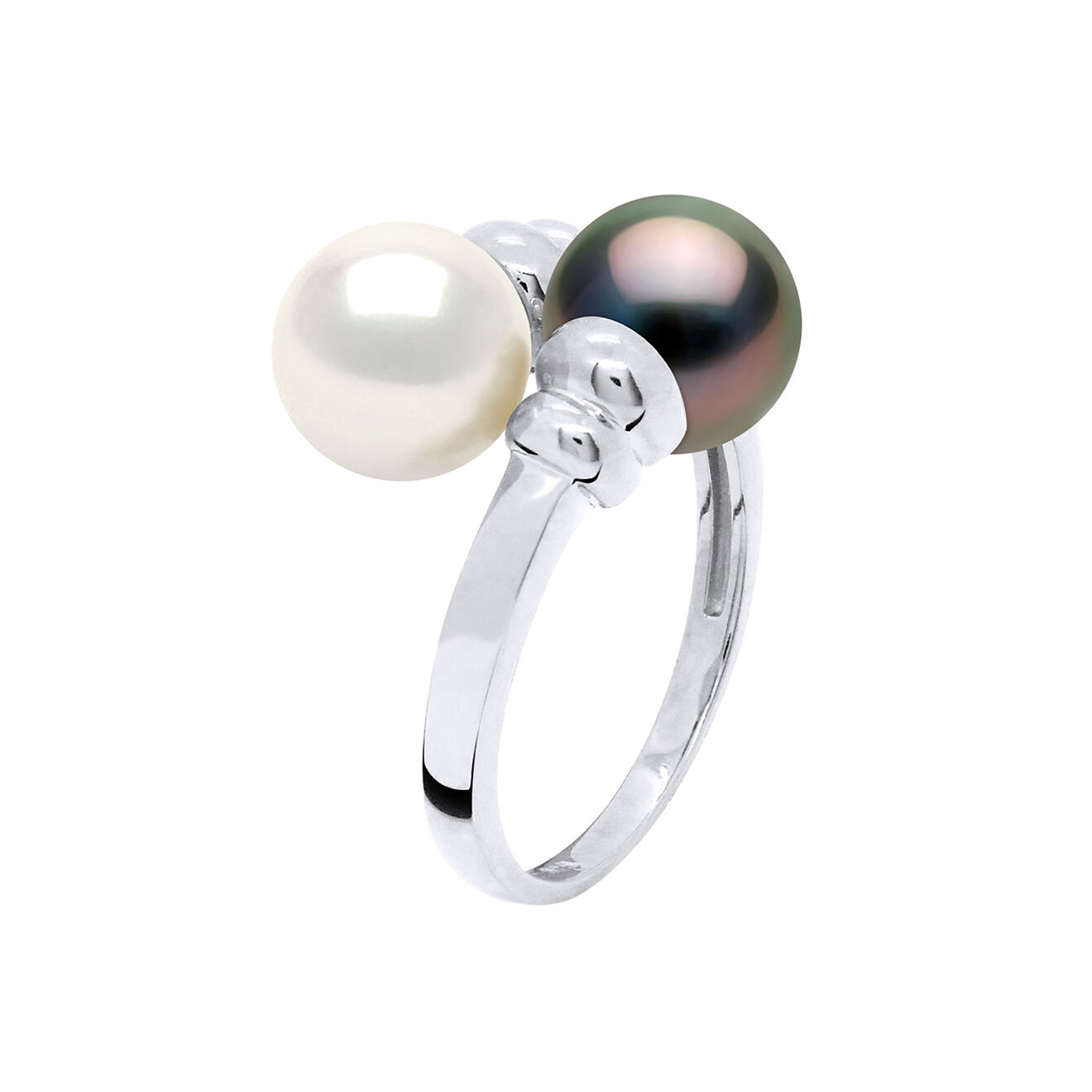 Mitzuko Bague Toi & Moi Or Blanc & Perles de Culture d'Eau Douce et de Tahiti rondes blanc/noir