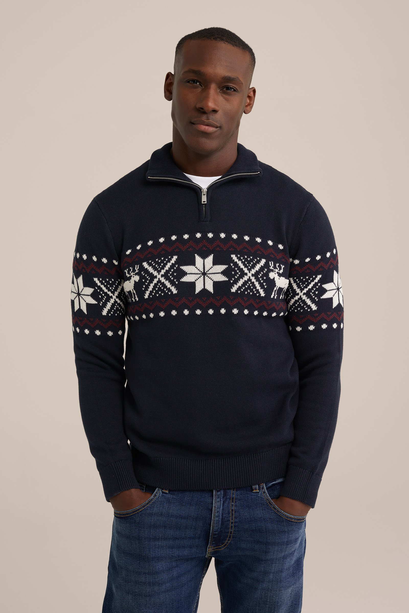 trui met jacquard dessin WE Fashion Donkerblauw