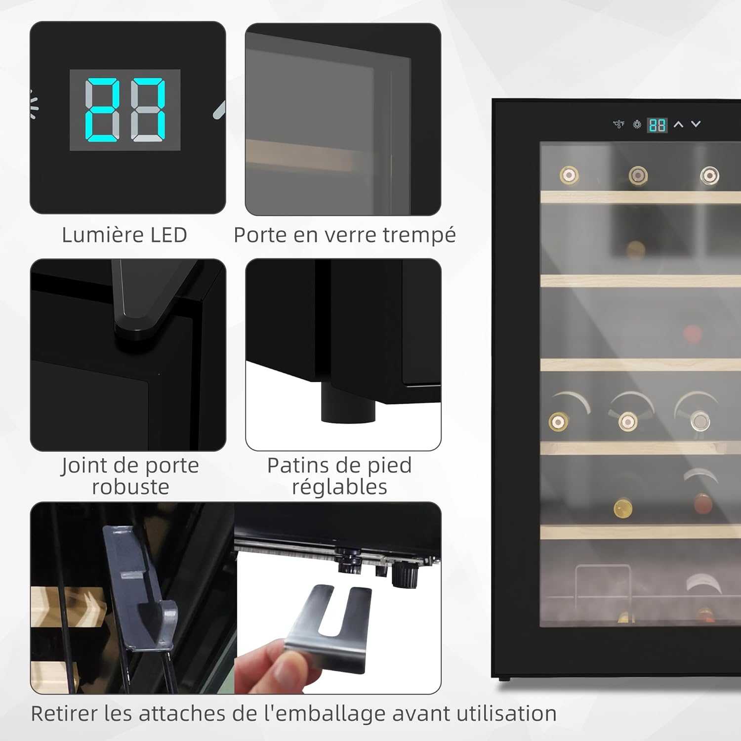 HOMCOM Cave à Vin 24 Bouteilles 65L, Haute Performance, Température Réglable 5-20° avec Éclairage LED, Panneau de Commande Tactile, 41dB Noir