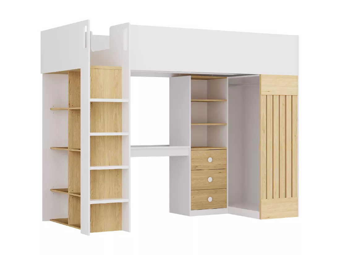Lit mezzanine 90 x 190 cm avec bureau et penderie - Coloris : Blanc et naturel + Matelas - LORINTI