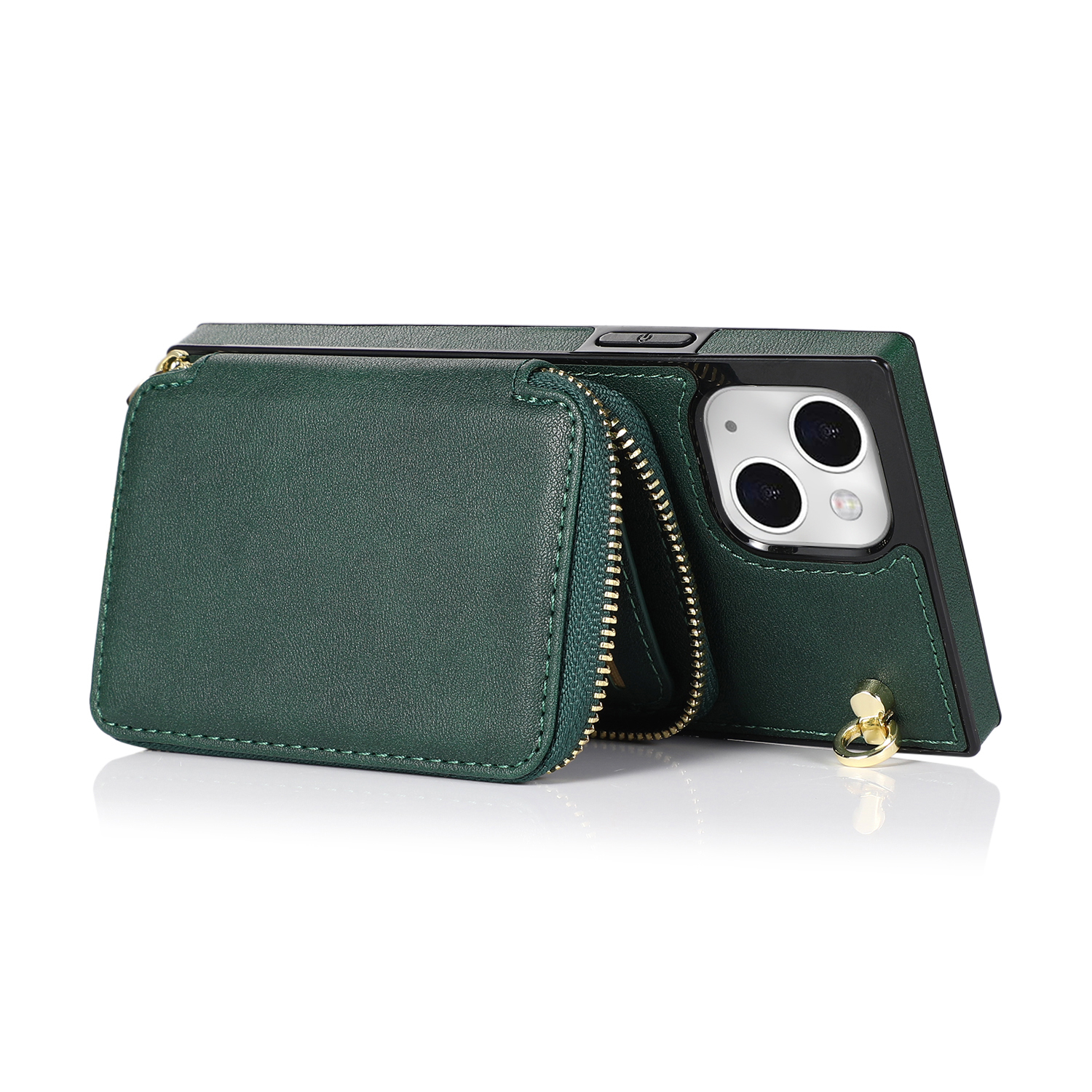 iPhone 13 Necklace Leder Schutz Hülle mit Kartenfächer   Handykette (140cm) - Grün