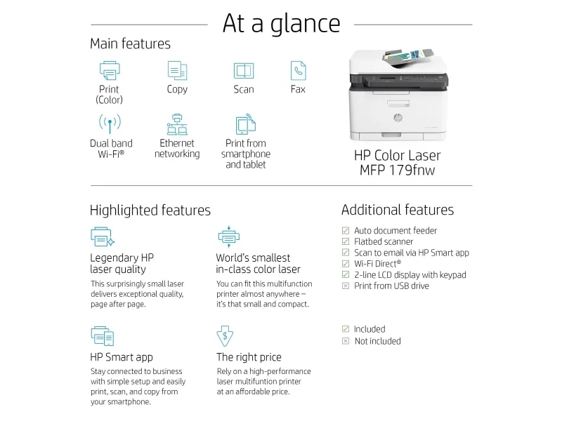 HP Color Laser MFP 179fnw - Multifunktionsprinter - farve - laser - A4 (210 x 297 mm) (original) - A4/Letter (medie) - op til 14 spm (kopiering) - op til 18 spm (udskriver) - 150 ark - 33.6 Kbps - USB 2.0, LAN, Wi-Fi(n)