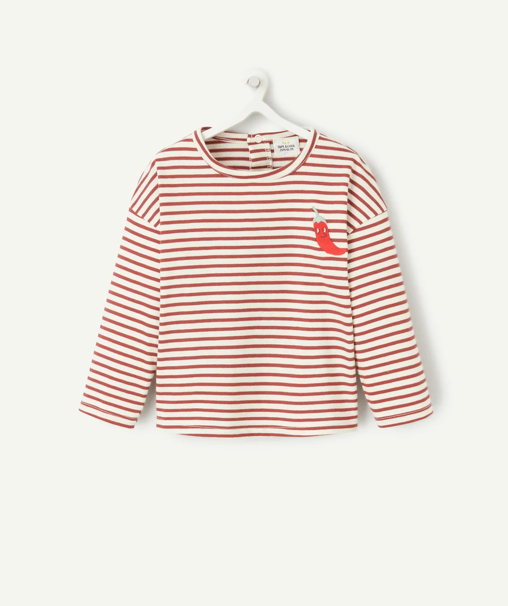 T-SHIRT BÉBÉ GARÇON EN COTON BIO RAYÉ ET POIVRON BRODÉ