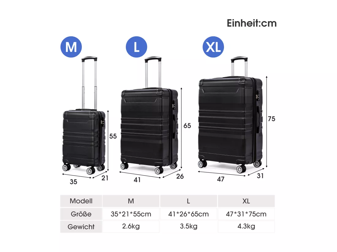 Bagage à main à coque rigide, valise avec serrure TSA et roue universelle, extensible, poignée latérale, ensemble 3 pièces