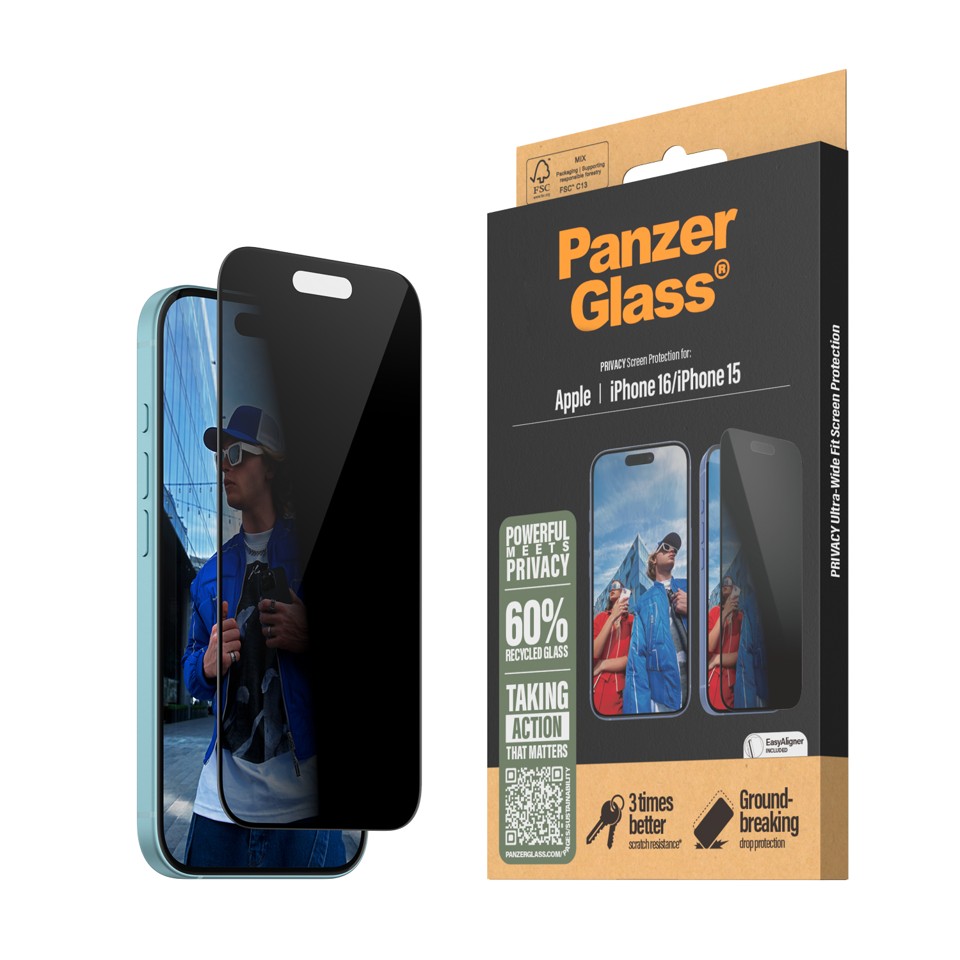 PanzerGlass - Skærmbeskyttelse Privacy - iPhone 16 - Ultra Wide Fit