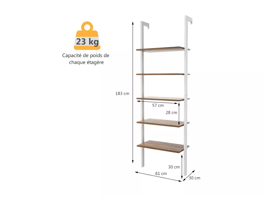 Étagère Échelle Bibliothèque 5 Niveaux avec Cadre Métallique, Étagère de Rangement Montage Incliné Style Industriel (Blanc+Marron)
