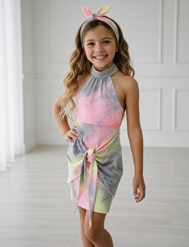 Summer party dress & headband - grijs/roze