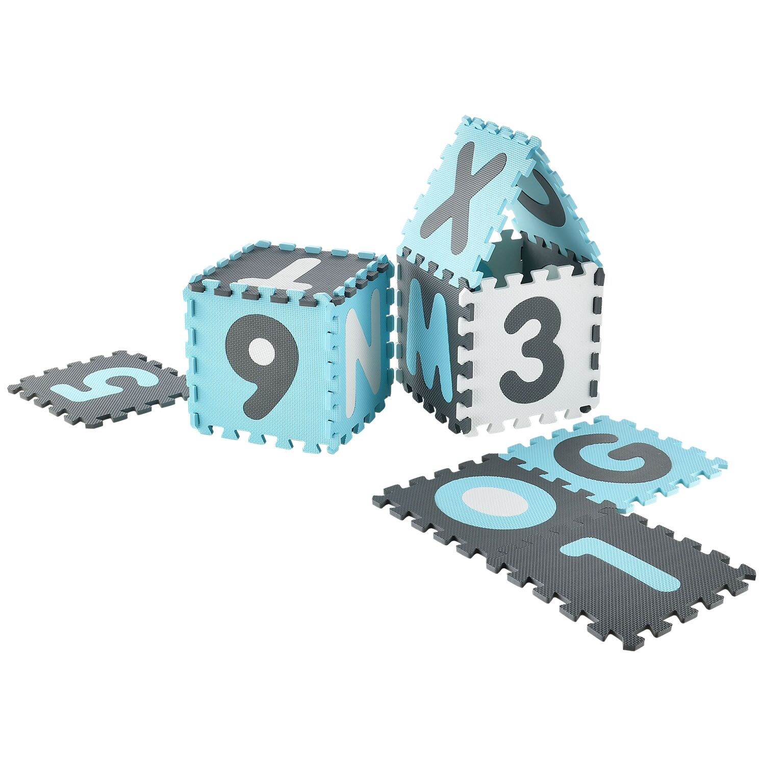 Juskys Kinder Puzzlematte Noah 36 Teile mit Buchstaben & Zahlen - rutschfest – blau für Jungen