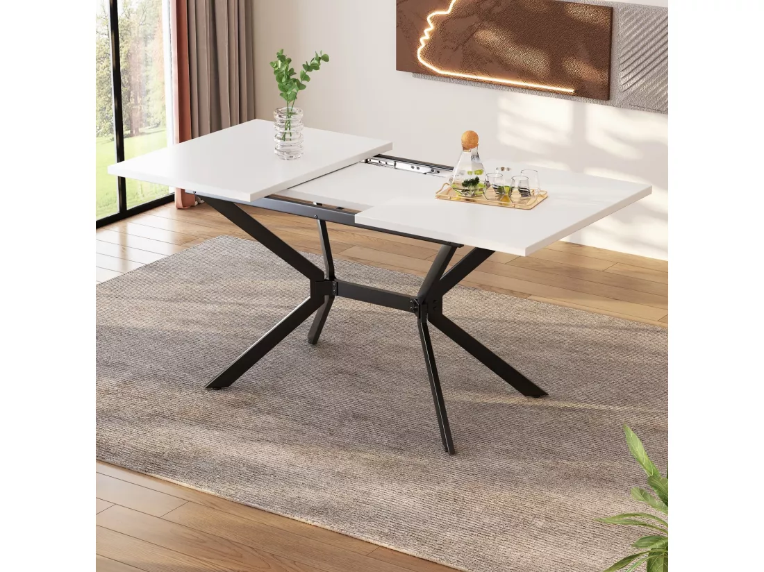 Tableau à manger extensible blanc 120/160cm, 4 à 6 personnes, en MDF et Métal, table rectangulaire