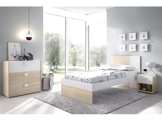 Ensemble chambre à coucher pour enfant complète ( lit enfant 190x90 cm avec 2 tiroirs + table de chevet + commode ) coloris blanc, chêne naturel