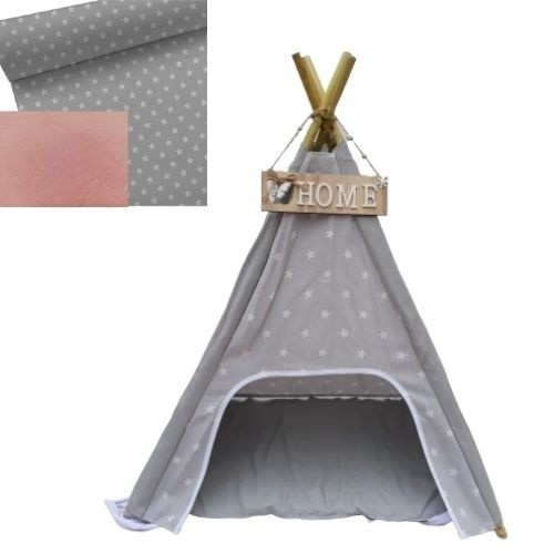 Cama tipi com tecido de estrelas personalizável e almofada rosa em cinza.