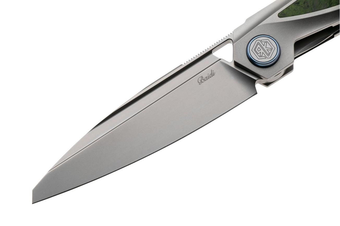 Rike Knife Baidi 13205-1 Bead Blasted Bohler M390, Titanium, Green Carbon Fiber Inlay, zakmes