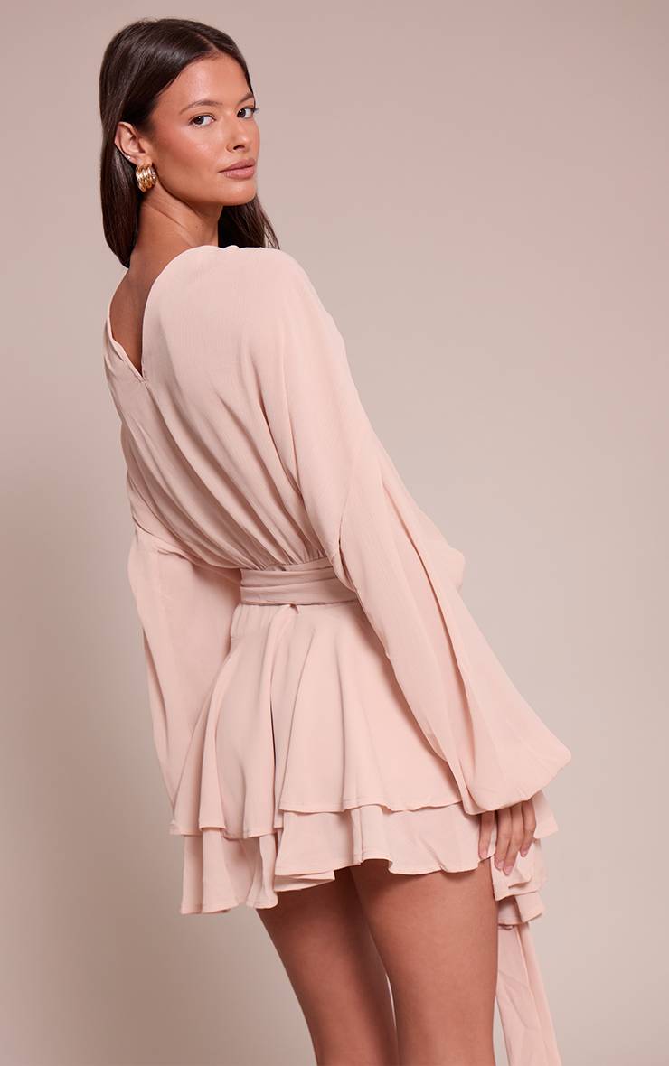 Rose Poudré Robe Courte Droite Cache-cœur En Mousseline Avec Ceinture