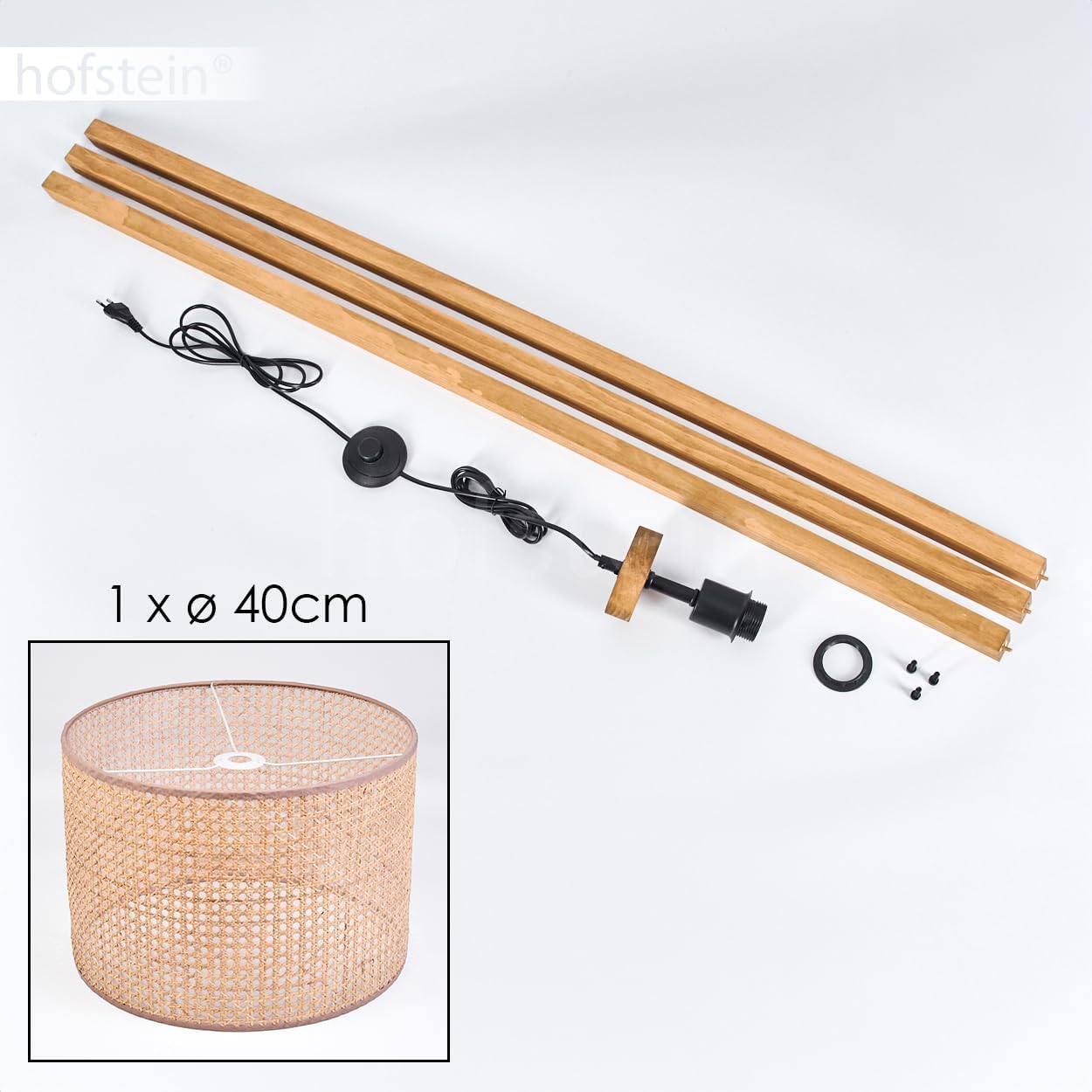 Stehleuchte Barcos, Stehlampe aus Holz/Wiener Geflecht/Rattan in Naturfarben/Schwarz, Leuchte im skandinavischen Design mit rundem Schirm (Ø 40cm) u. Fußschalter, Höhe 154cm, 1x E27, ohne Leuchtmittel