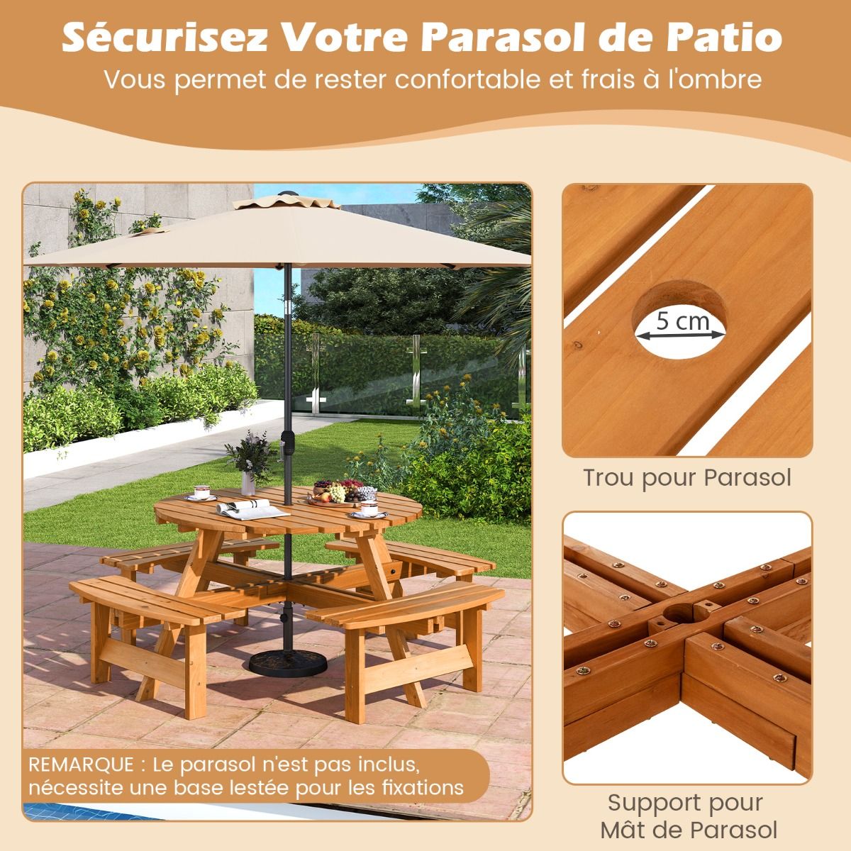 Ensemble Table de Pique-Nique en Bois pour 2 à 8 Personnes Set Table et Banc Circulaire avec 4 Bancs Intégrés Trou de Parasol de 5cm Marron/Jaune - Lidl-Manfred