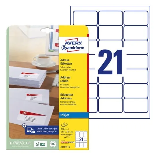 Etiketter Avery 63,5x38,1 mm hvid, med QuickDRY™, til inkjet - (10 ark x 21 stk.)