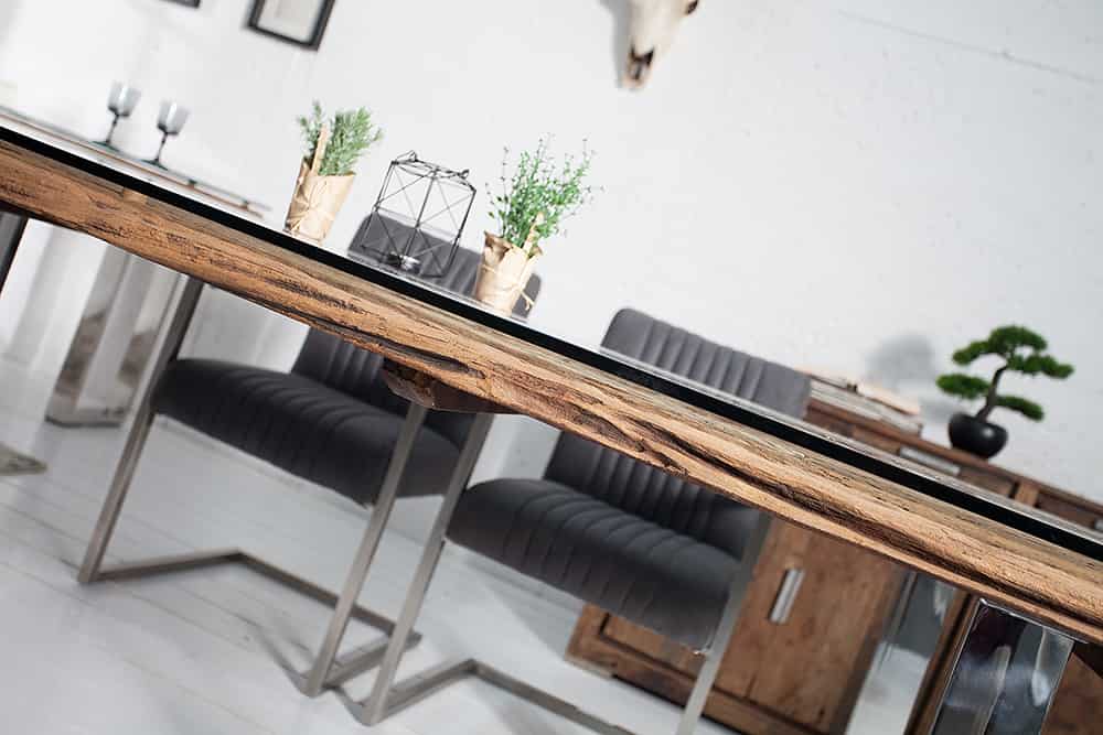 Massiver Esstisch BARRACUDA 240cm antik Teak Holz mit Stahl Kufenfüßen inkl. Glasplatte