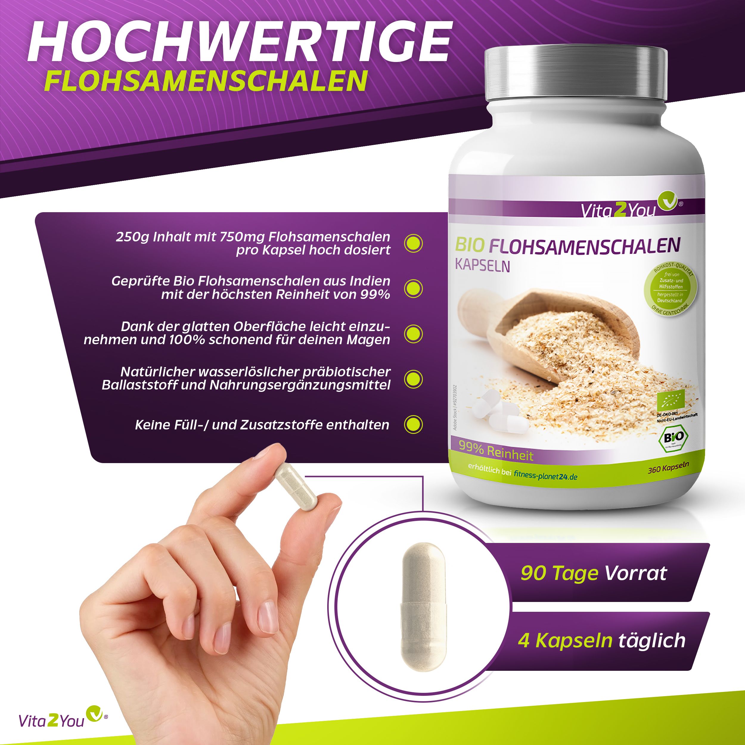 Vita2You Bio Flohsamenschalen Kapseln 750mg - Hochdosiert
