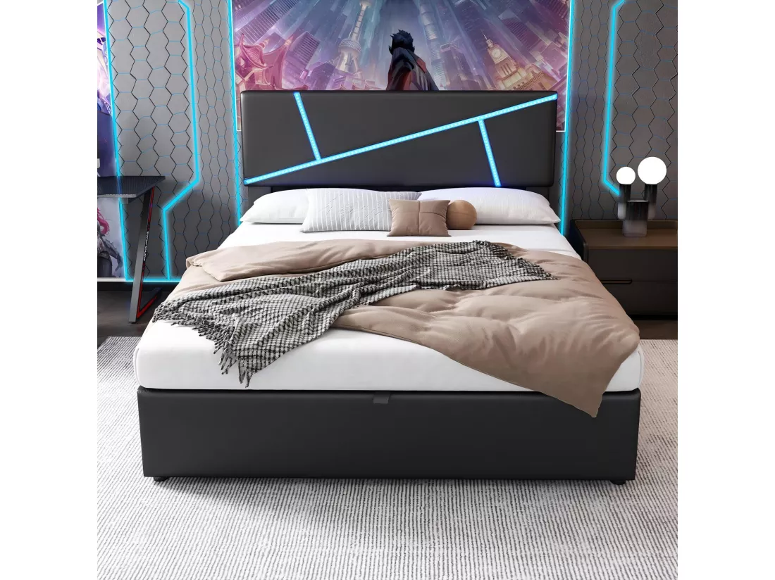 Lit coffre 90x200cm, cuir synthétique, avec bandes de lumière LED, cadre à lattes, Noir