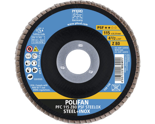 Slijpschijf lamellenschijf PFERD PSF STEELOX staal/roestvast staal Ø 115x22,23 mm korrel 80