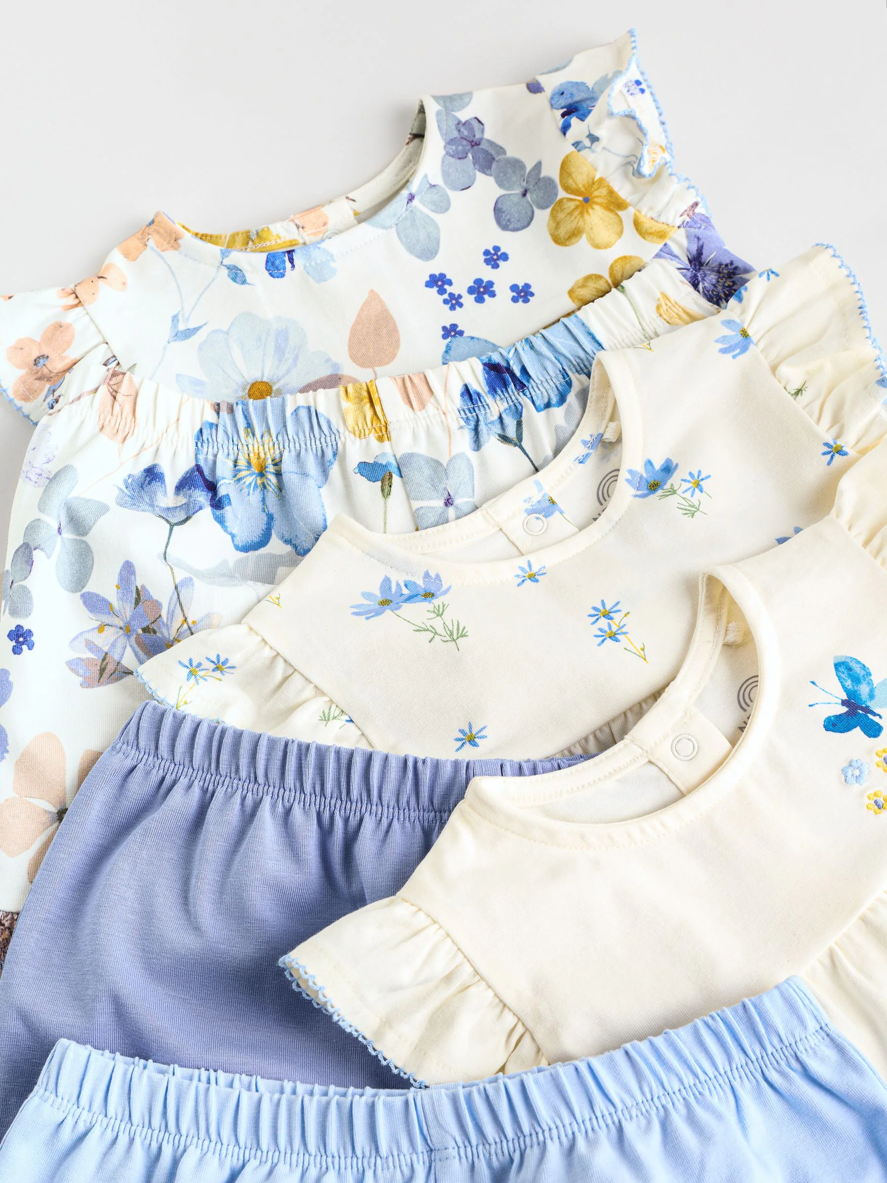 Blauw/wit met bloemenprint - 6 -delig Baby Set van T-shirt met ruches en short (0mnd-2jr)