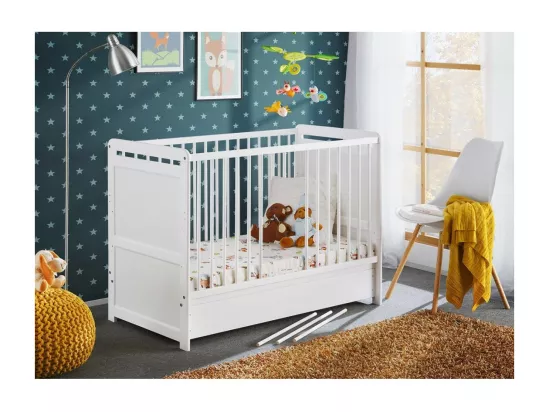 Lit bébé évolutif - GUIZMO - Coloris blanc mat - Lit réglable en hauteur avec tiroir et matelas.