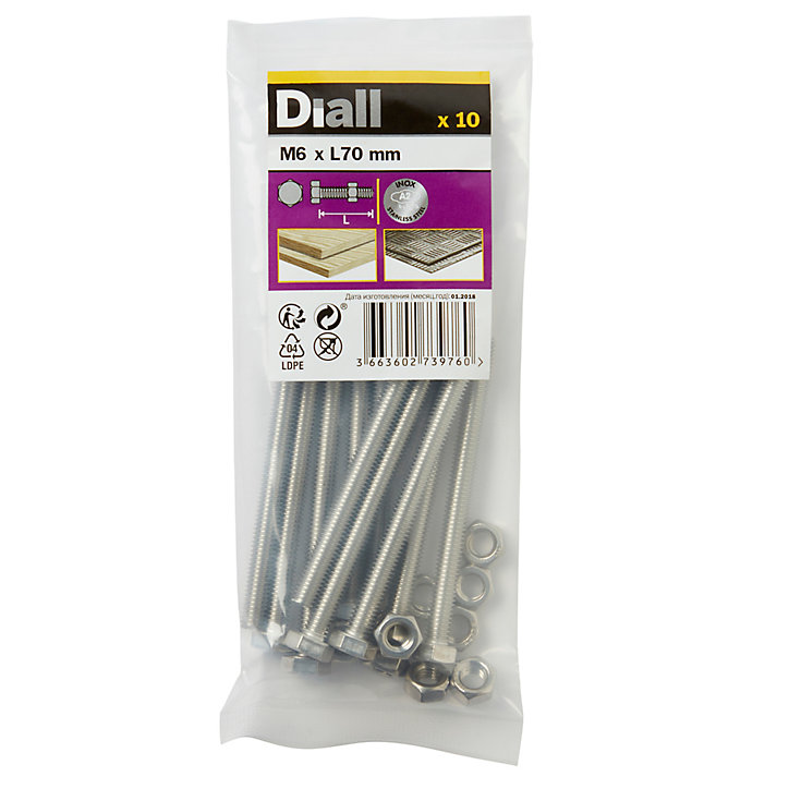 10 boulons tête héxagonale inox 6 x 70 mm