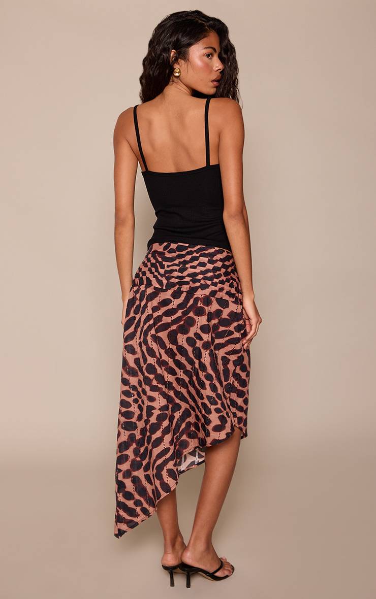 Marron Jupe Longue Asymétrique À Imprimé Animal Abstrait Avec Détail Ceinture En Lin