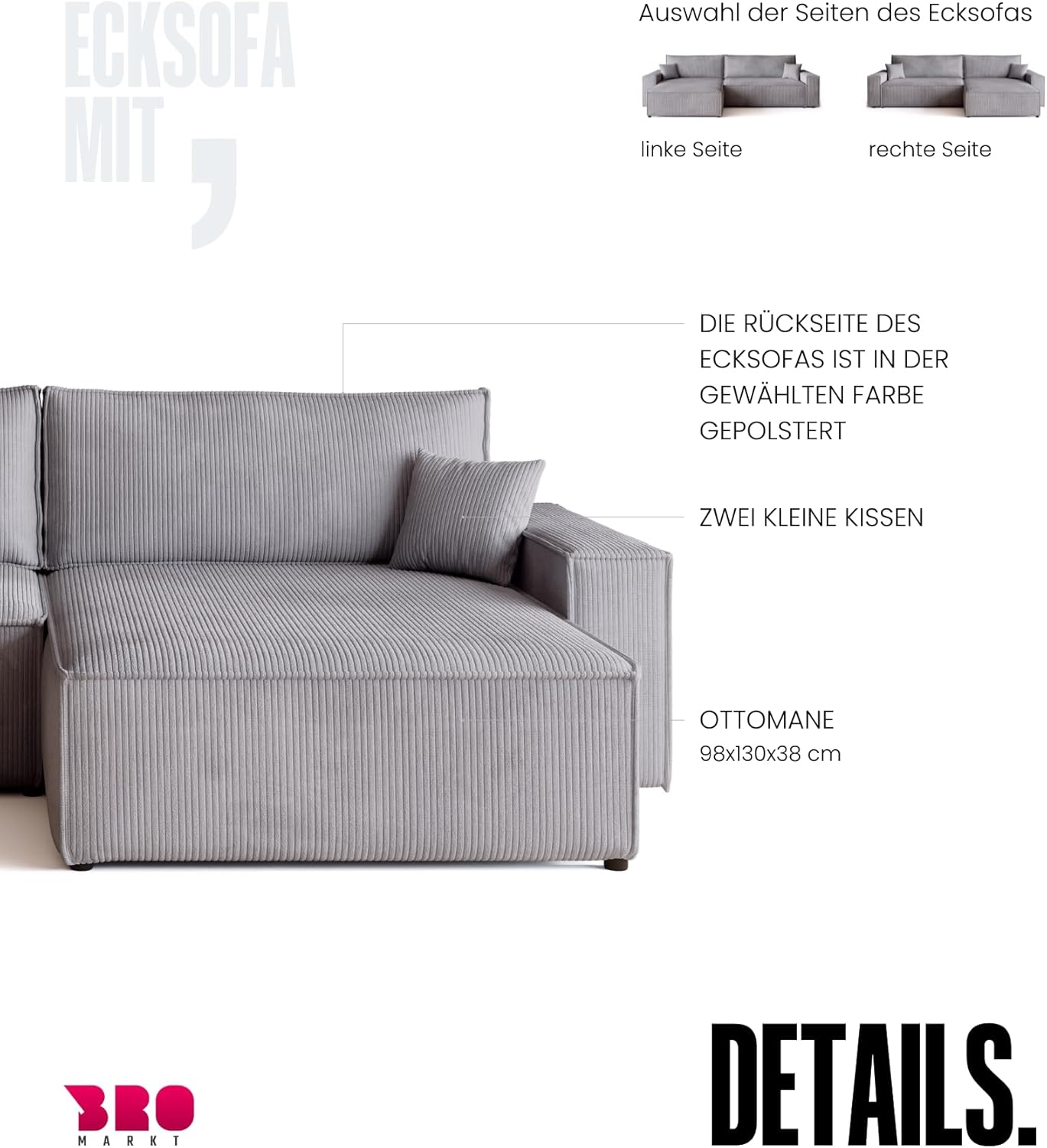 BROMARKT Sofa mit Schlaffunktion Couch L Cordstoff Sofa Bettkasten Schlafsofa für Wohnzimmer Ecksofa freistehend Adi XL Relaxsofa 3 sitzer 272x143x85 cm Hellgrau