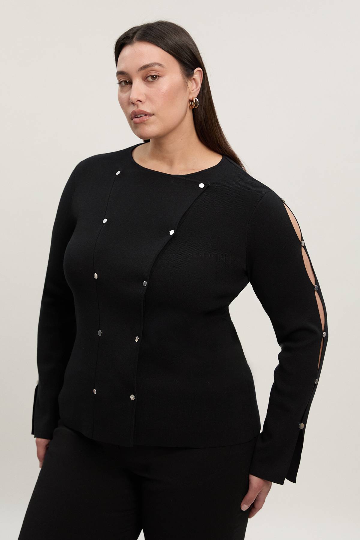 KarenMillen Haut en Maille à Manches Longues Grande Taille Mélange Viscose avec Détails Cloutés